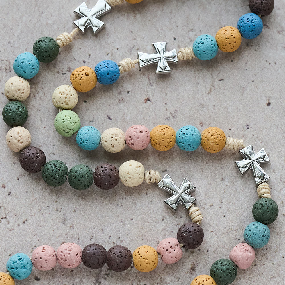 Vintage Multicolor Lava Stone Rosary with Turquoise Cross & Our