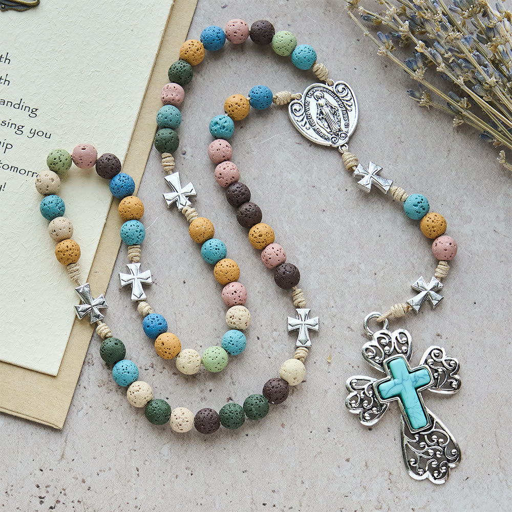 Christian Lacroix ラクロワ カラフル ストーン ブレスレット Vintage Multicolor Lava Stone Rosary with Turquoise Cross & Our