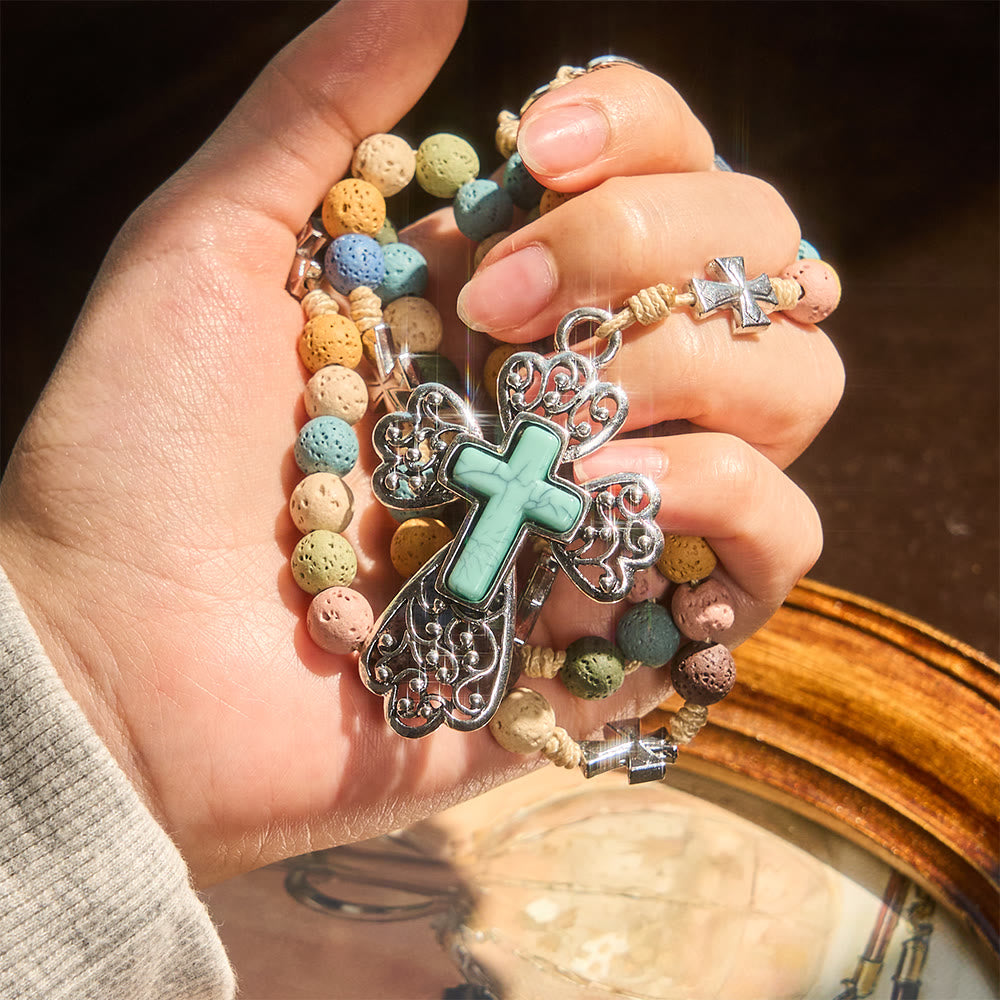 Vintage Multicolor Lava Stone Rosary with Turquoise Cross & Our