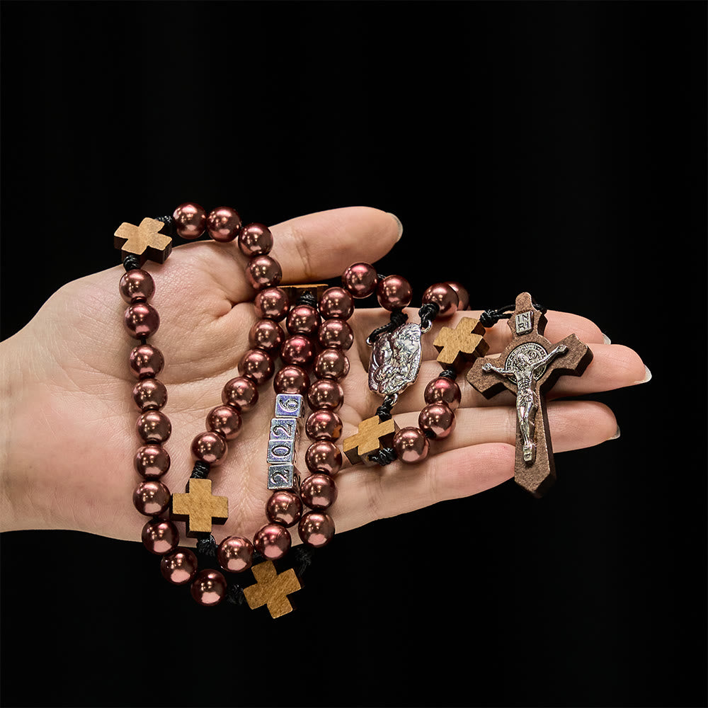 Christianartworkshop Vintage Wooden Cross and Deep Wine Red Rosary: 2026 New Year Blessing with Holy Family - image 1