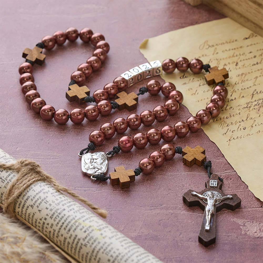 Christianartworkshop Vintage Wooden Cross and Deep Wine Red Rosary: 2026 New Year Blessing with Holy Family - image 1