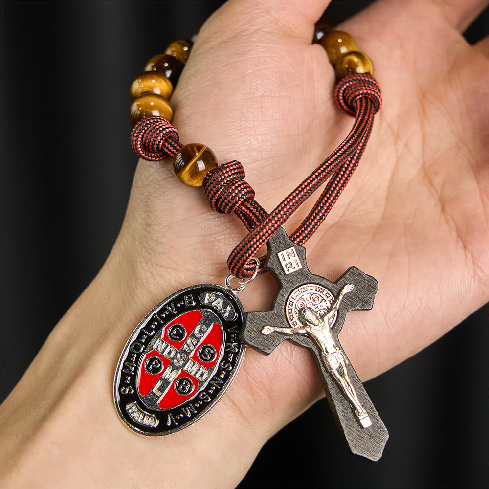FREE Today: Tiger Eye Pocket Rosary with Courage & Protection: Blessed St. Benedict Exorcism Medal & Cross - image 1