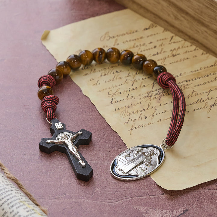 FREE Today: Tiger Eye Pocket Rosary with Courage & Protection: Blessed St. Benedict Exorcism Medal & Cross - St. Benedict & Crucifix - image 0