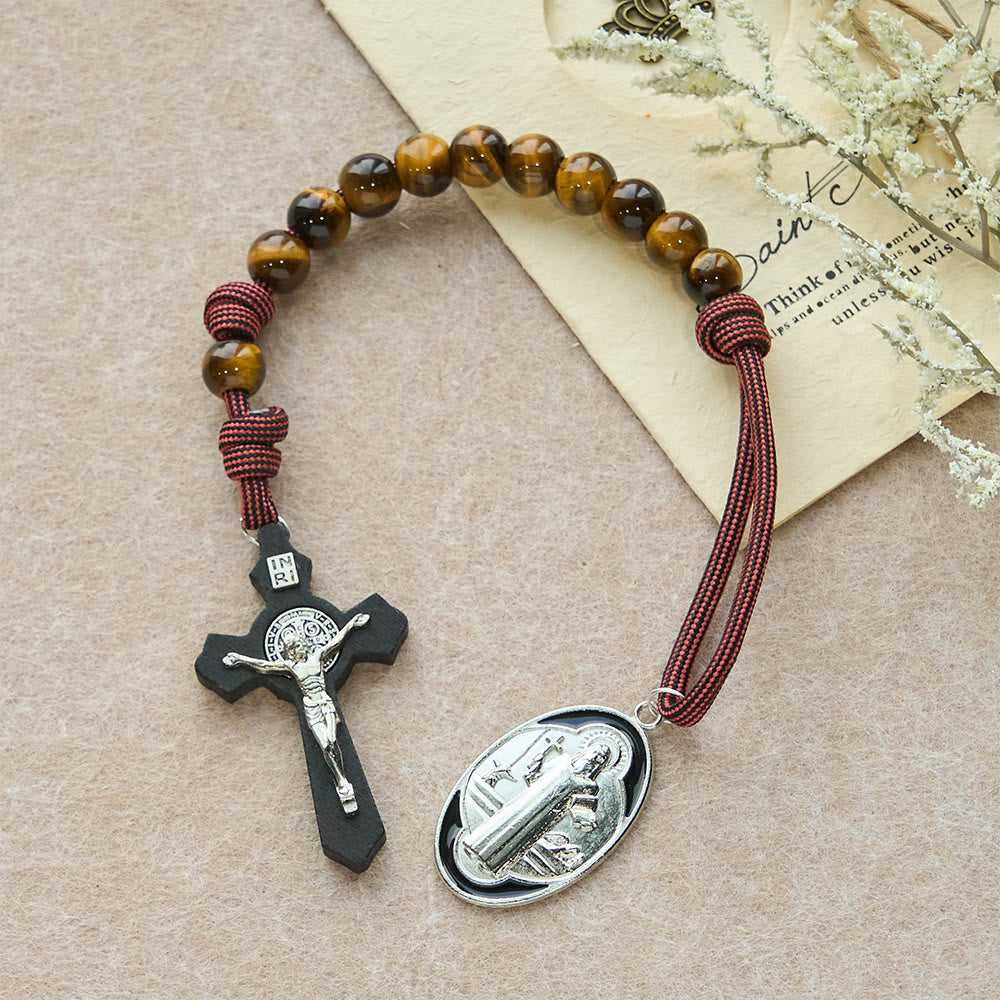 Christianartworkshop Tiger Eye Pocket Rosary with Courage & Protection: Blessed St. Benedict Exorcism Medal & Cross - image 3