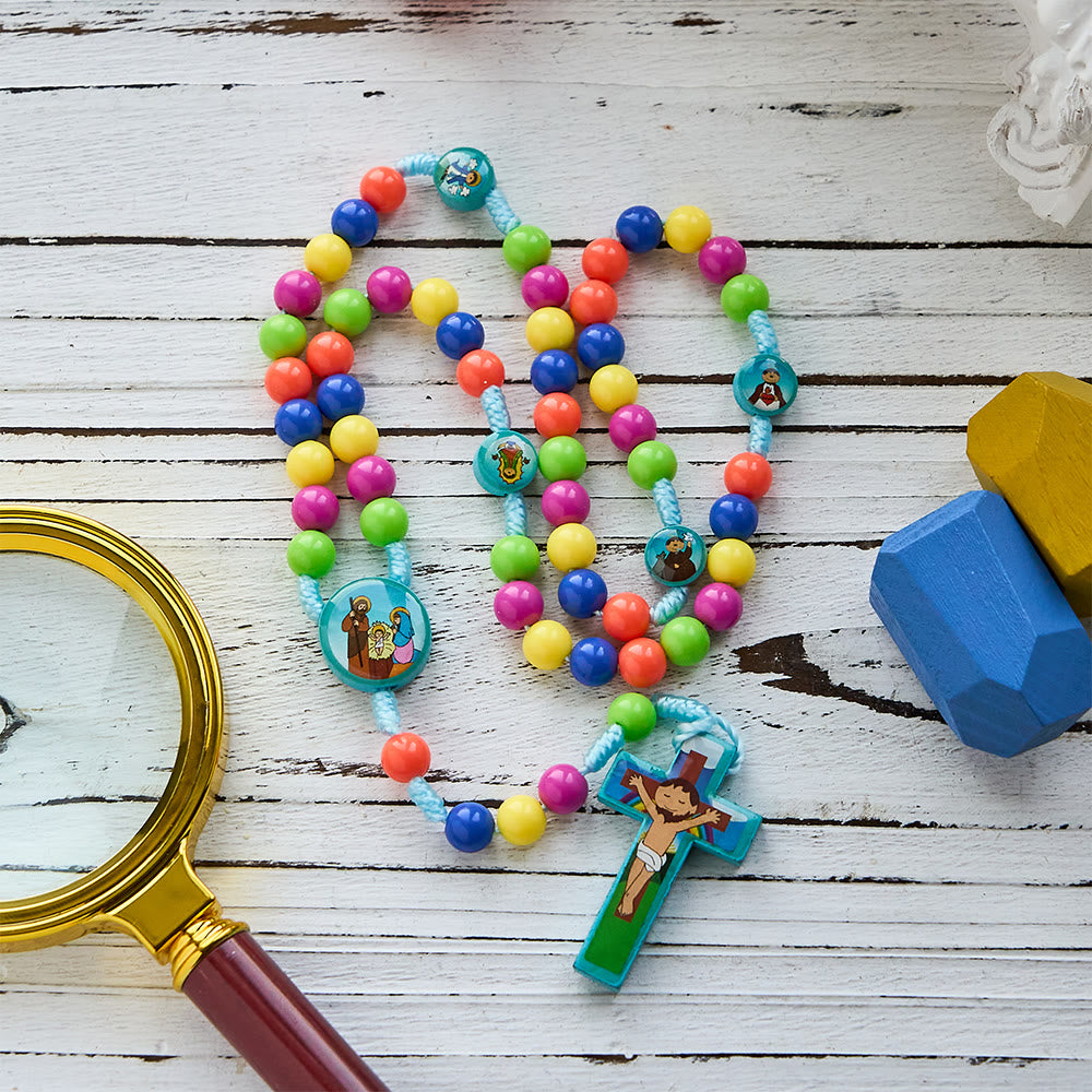 Christianartworkshop Colorful Children Rosary with Holy Family & Saint Charms: Child-Friendly Faith Prayer Beads - image 2