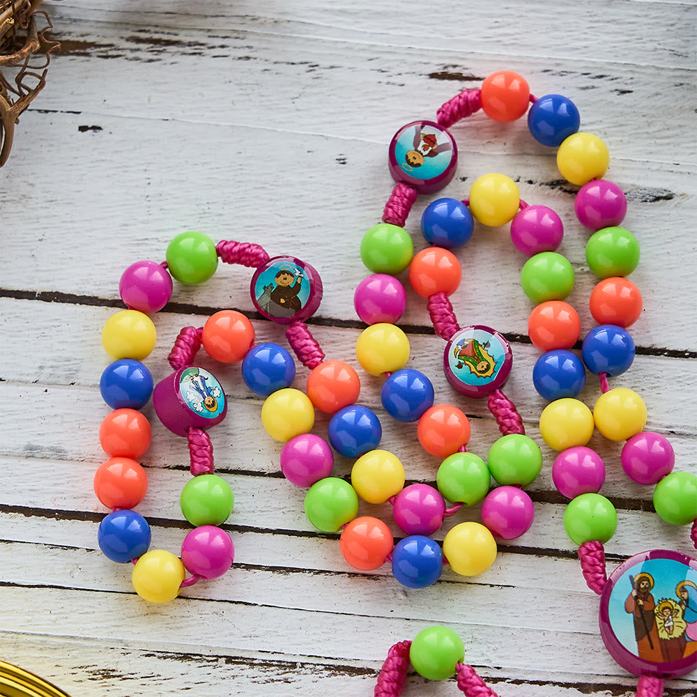 Christianartworkshop Colorful Children Rosary with Holy Family & Saint Charms: Child-Friendly Faith Prayer Beads - image 8