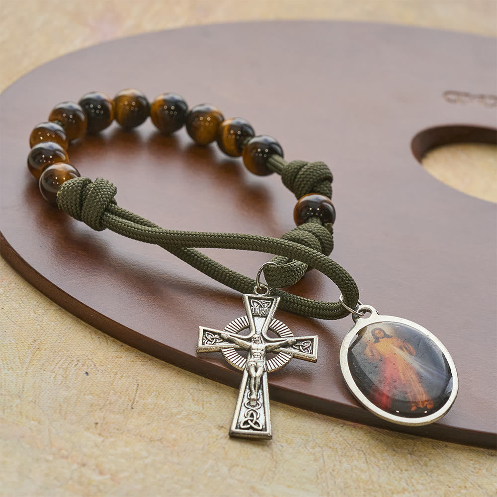 Christianartworkshop Tiger Eye Pocket Rosary with Divine Mercy: Courage & Faith with Paracord Design - image 3