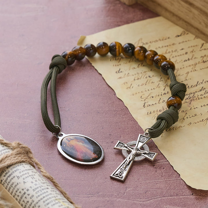Christianartworkshop Tiger Eye Pocket Rosary with Divine Mercy: Courage & Faith with Paracord Design - Divine Mercy & Crucifix - image 0