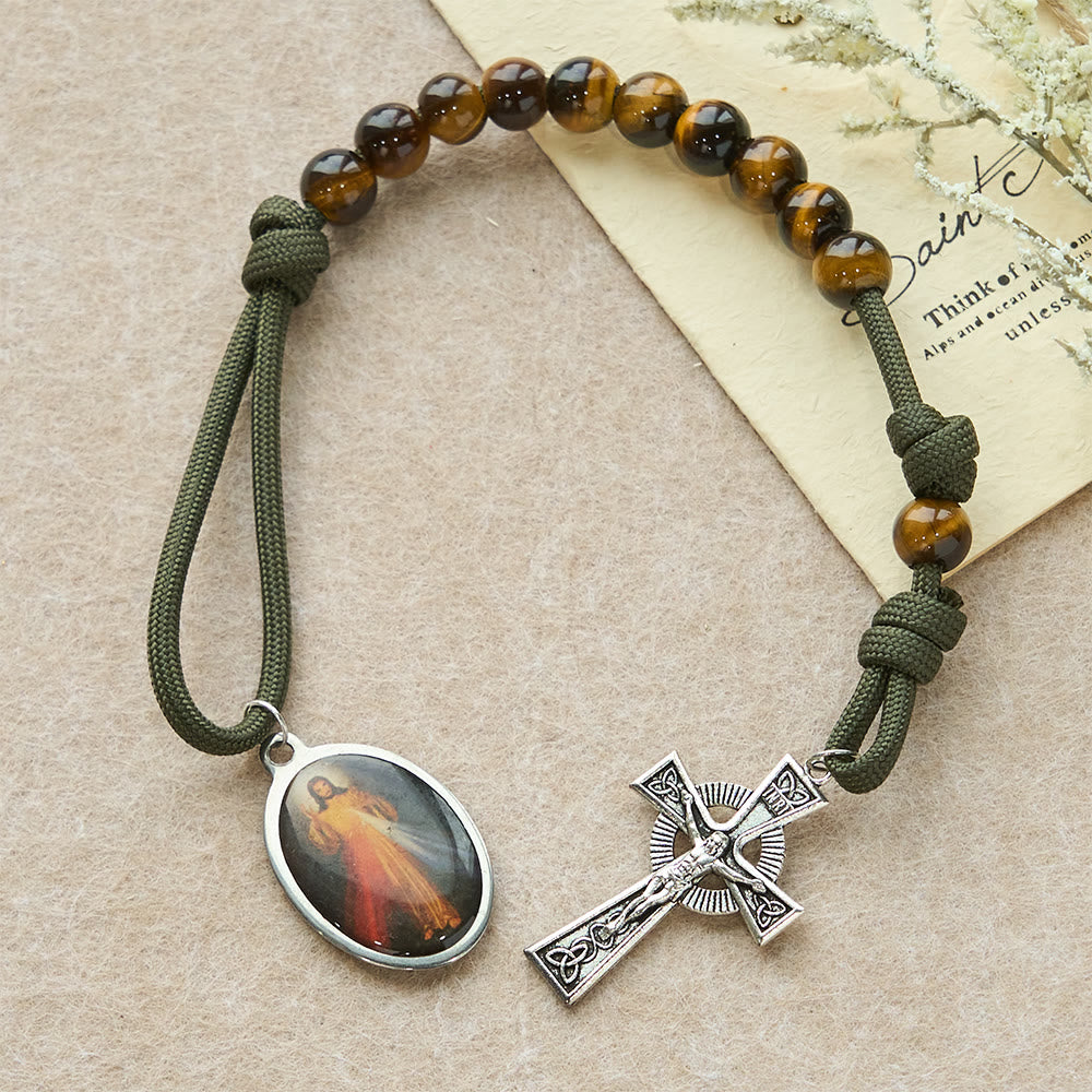 Christianartworkshop Tiger Eye Pocket Rosary with Divine Mercy: Courage & Faith with Paracord Design - image 2