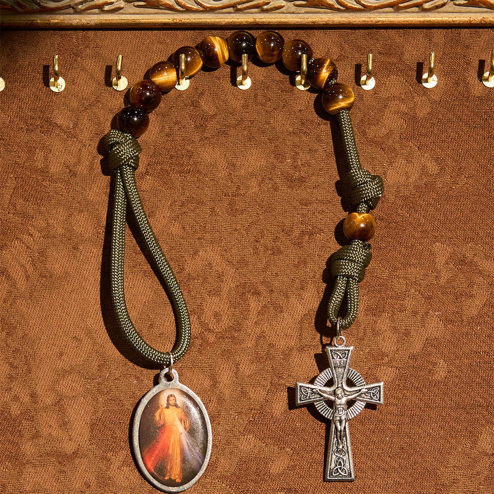 Christianartworkshop Tiger Eye Pocket Rosary with Divine Mercy: Courage & Faith with Paracord Design - image 4