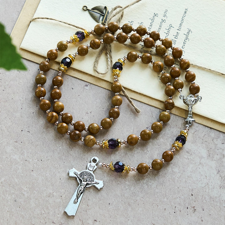 Christianartworkshop Natural Yellow Wood Grain Stone Rosary with Holy Grail Trijunction & Violet Accent - image 2