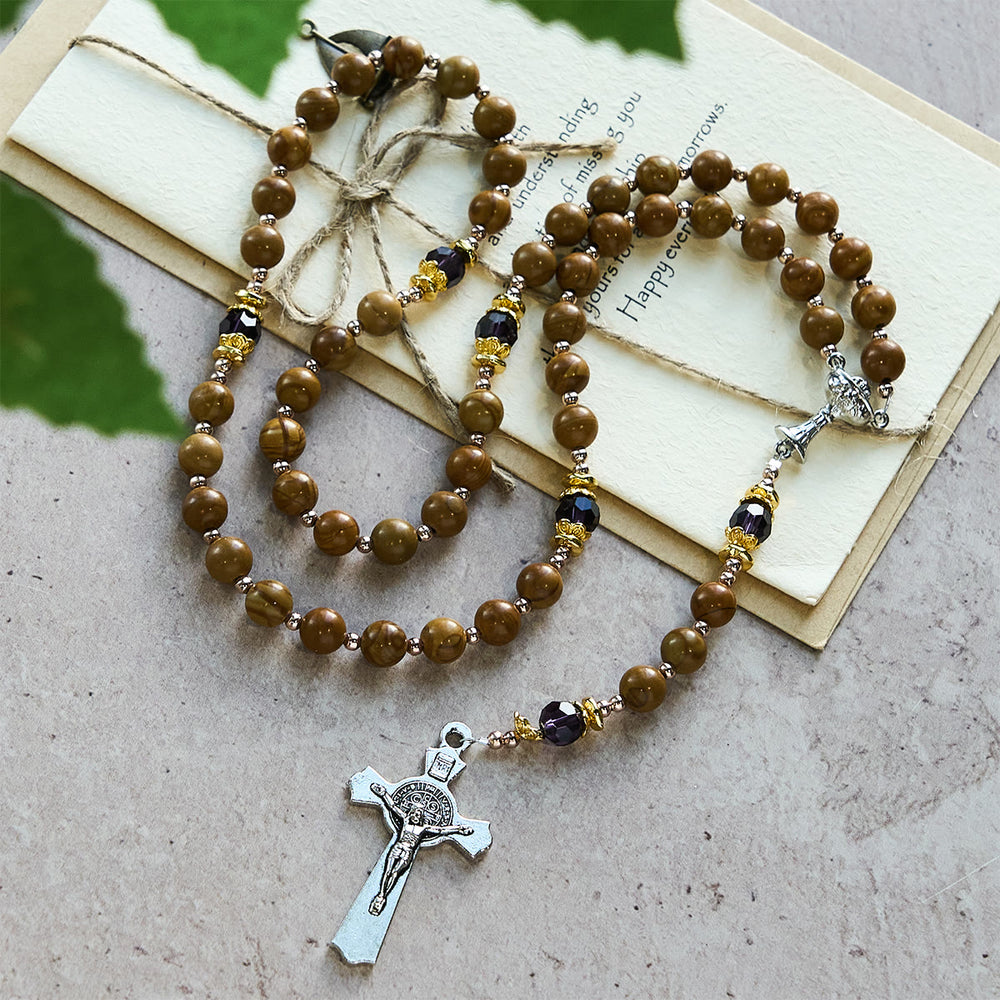 Christianartworkshop Natural Yellow Wood Grain Stone Rosary with Holy Grail Trijunction & Violet Accent - image 1