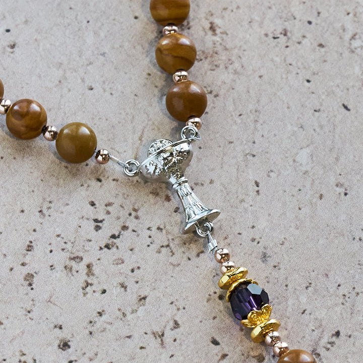Christianartworkshop Natural Yellow Wood Grain Stone Rosary with Holy Grail Trijunction & Violet Accent - image 8