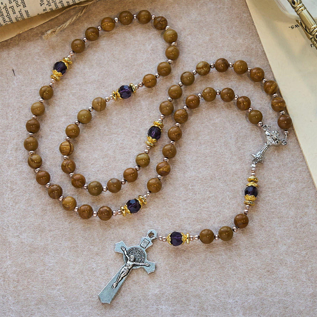 Christianartworkshop Natural Yellow Wood Grain Stone Rosary with Holy Grail Trijunction & Violet Accent - image 5
