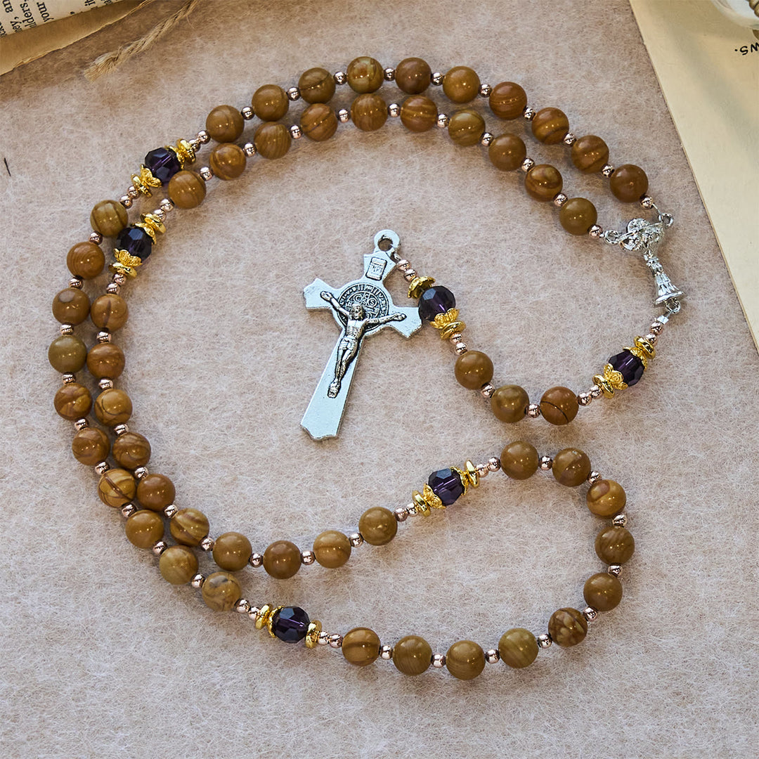 Christianartworkshop Natural Yellow Wood Grain Stone Rosary with Holy Grail Trijunction & Violet Accent - image 4
