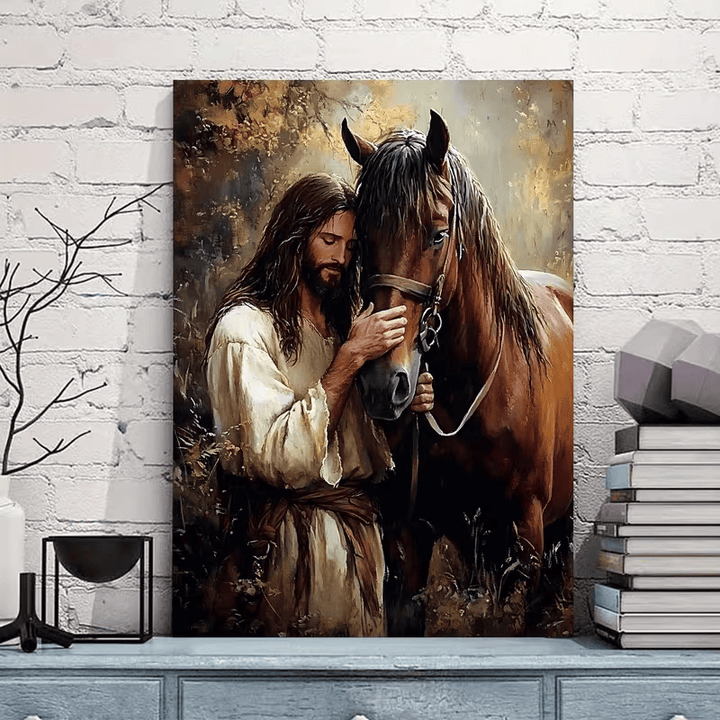 Christianartworkshop Gentle Figure & Horse Wall Art Print: Tender Care for Home Spaces - Framed Canvas Painting - 13.77"*19.58"*0.7"/35*50*1.8cm - image 0