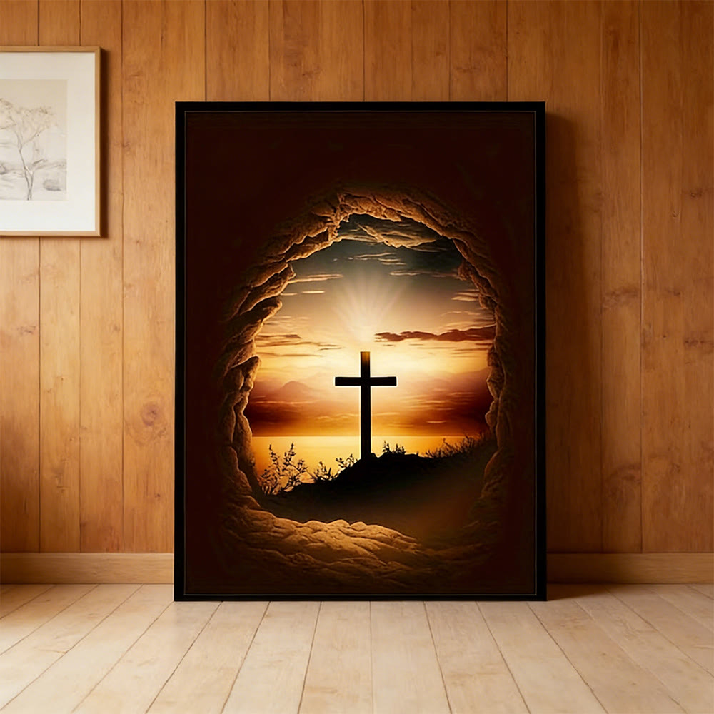 Christianartworkshop Empty Stone Frame Cross Wall Art Print: Redemptive Hope for Home Spaces - Framed Canvas Painting - 11.81''*15.75''0.71"/30*40*1.8cm - image 0