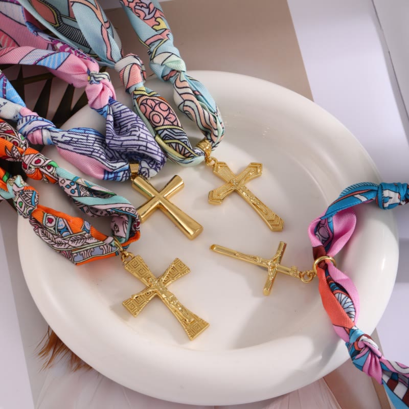 Christianartworkshop Vibrant Pattern Scarf with Cross Necklace Series: Graceful Devotion for Daily Wear - Orange  - image 0