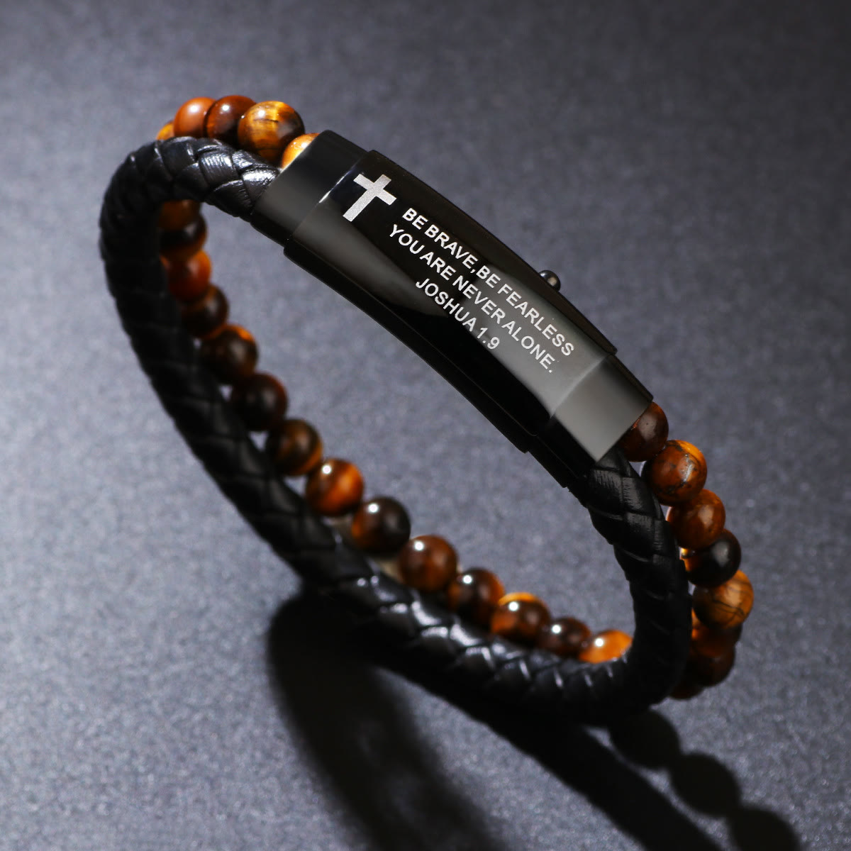 Woven Leather Cross Bracelet – Joshua 1:9 Engraved Courage