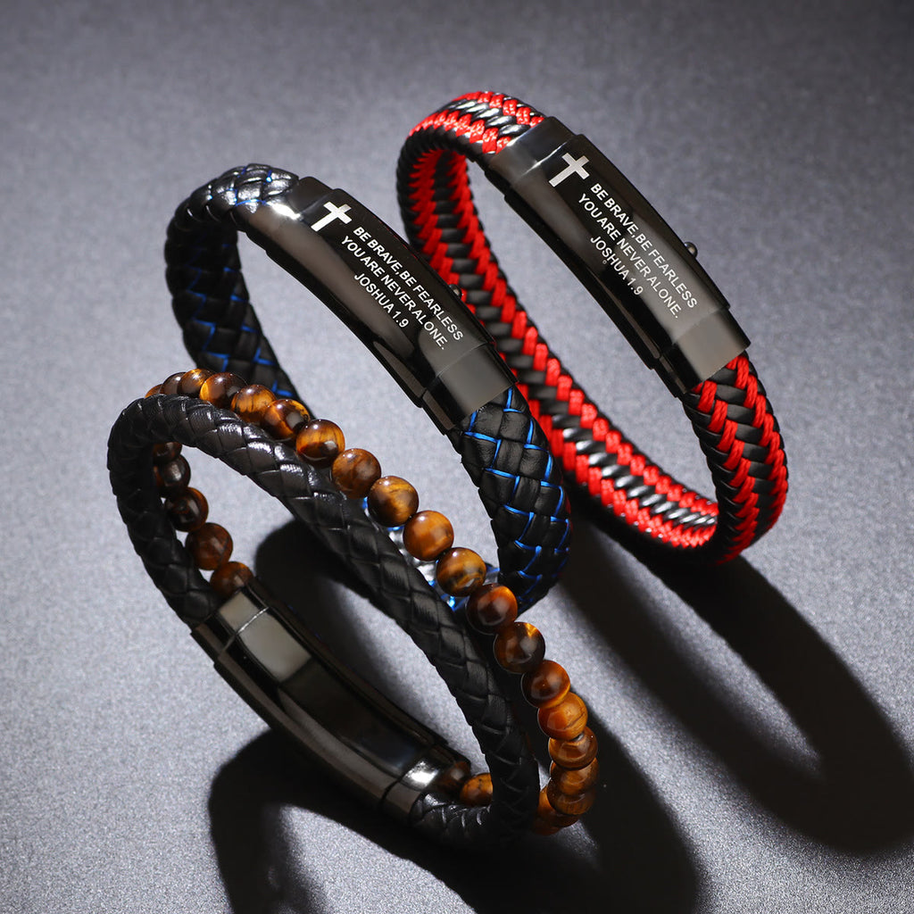 Woven Leather Cross Bracelet – Joshua 1:9 Engraved Courage