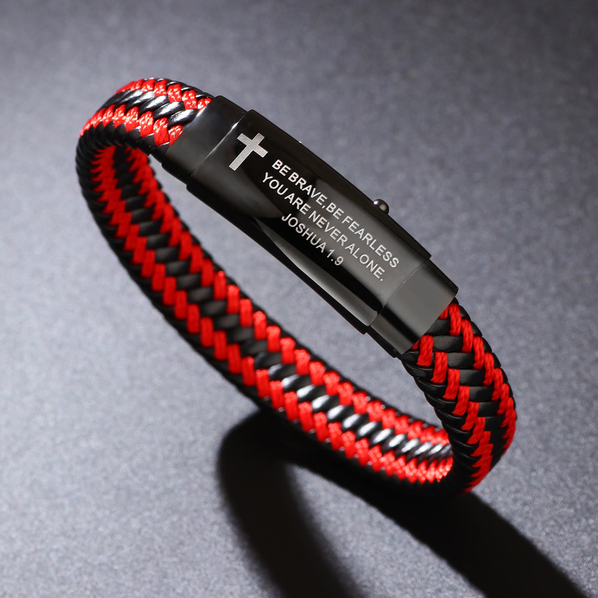 Woven Leather Cross Bracelet – Joshua 1:9 Engraved Courage