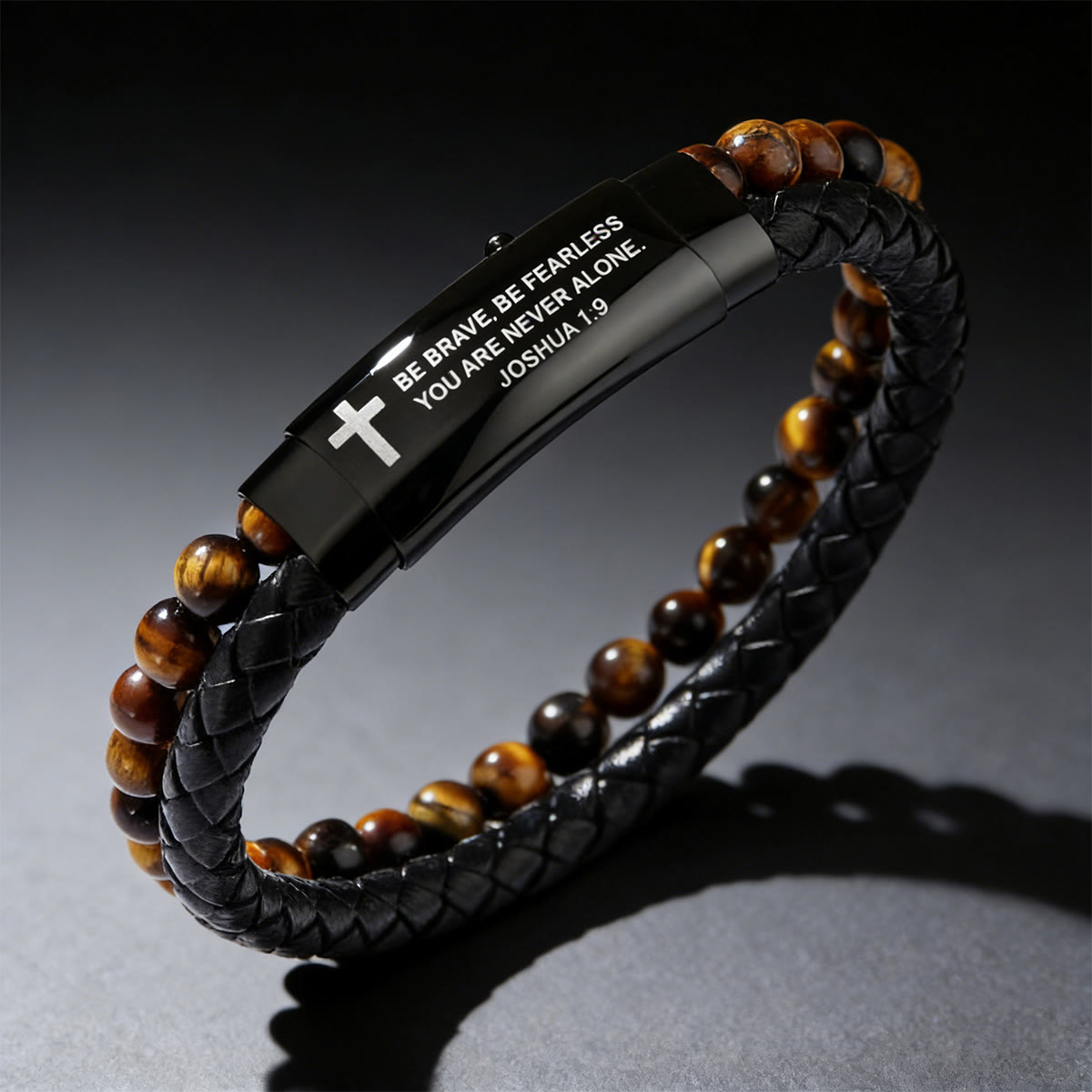 Woven Leather Cross Bracelet – Joshua 1:9 Engraved Courage