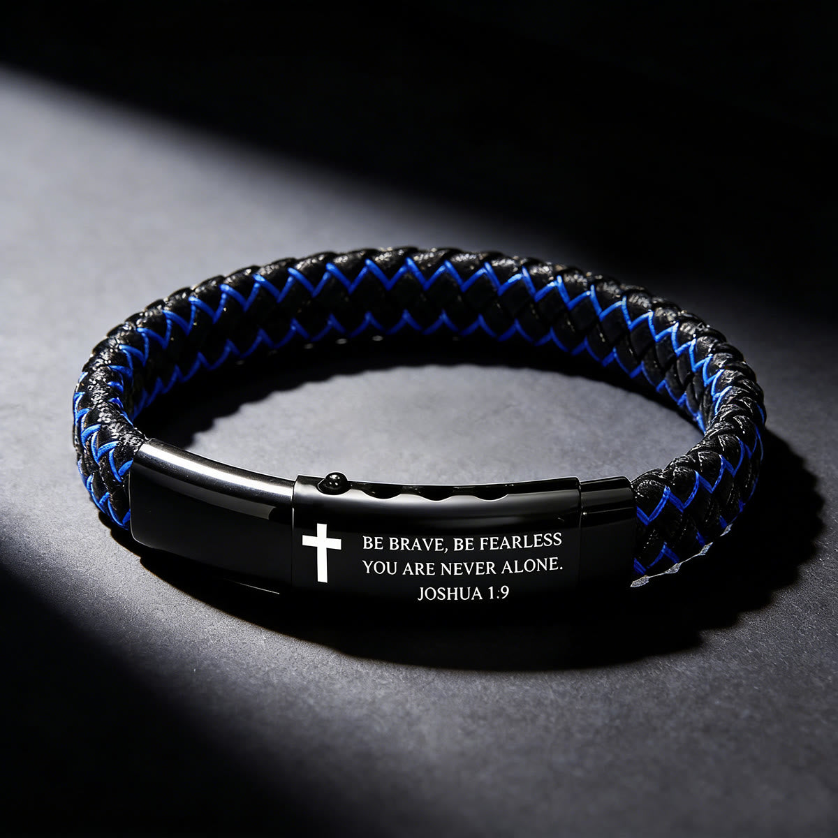 Woven Leather Cross Bracelet – Joshua 1:9 Engraved Courage