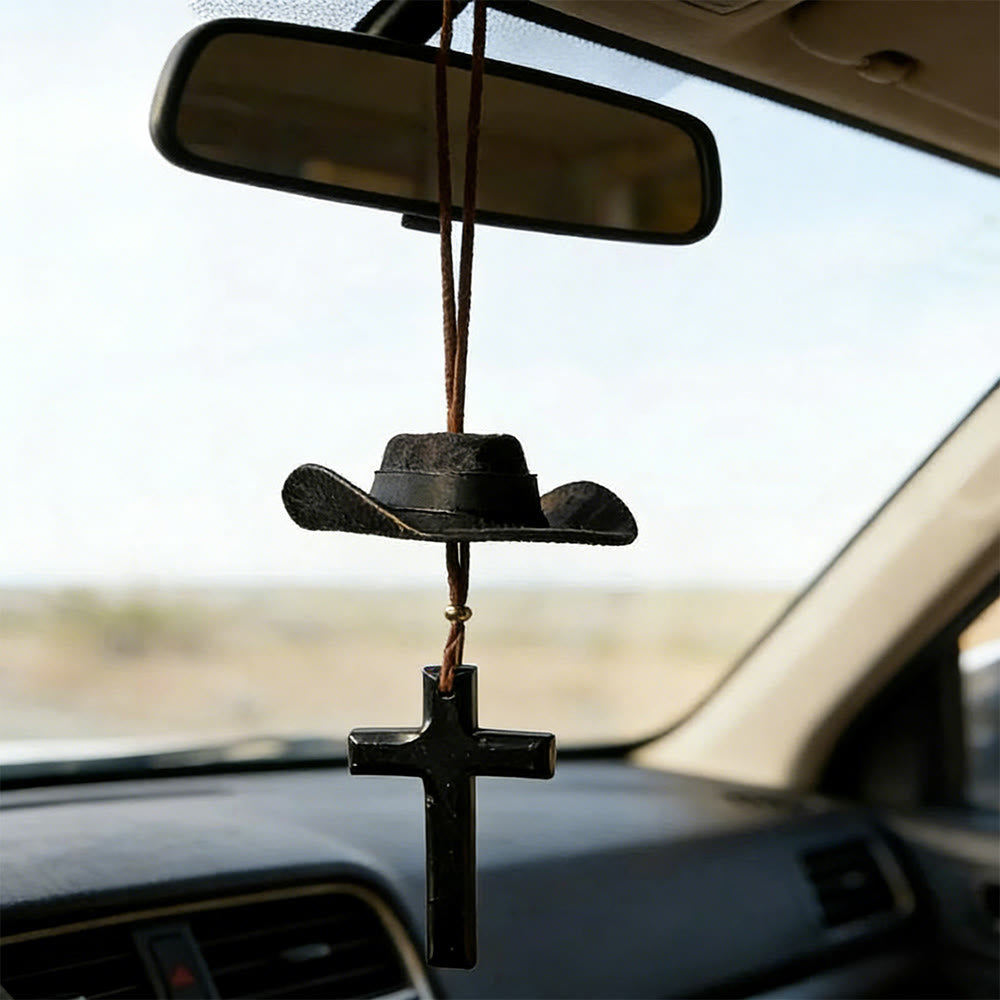 Christianartworkshop Cowboy Hat & Cross Car Pendant: Steadfast Faith for the Open Road - Wood Cross - Black - image 8