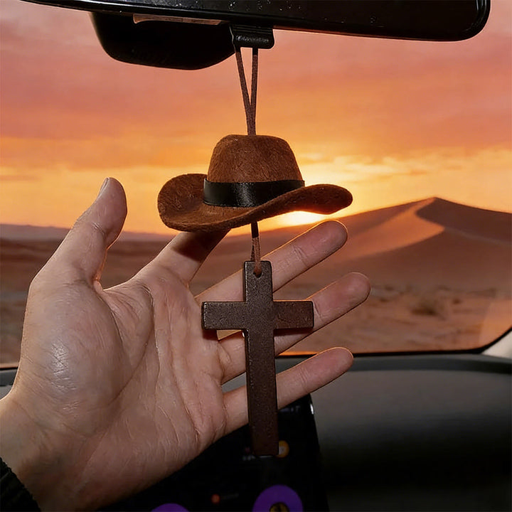 Christianartworkshop Cowboy Hat & Cross Car Pendant: Steadfast Faith for the Open Road - image 3