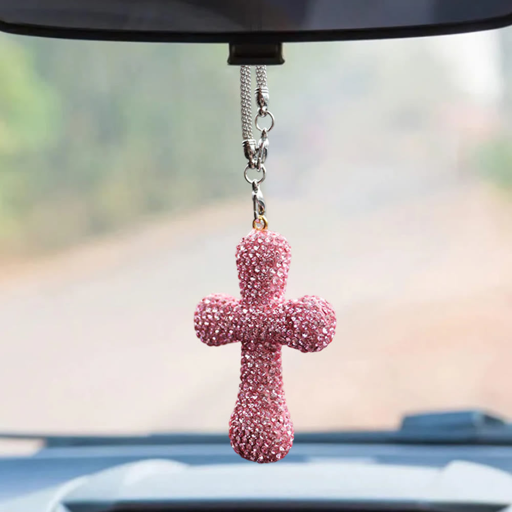 Christianartworkshop Crystal-Embellished Cross Car Pendant: Radiant Faith for Every Journey - Pink - image 4