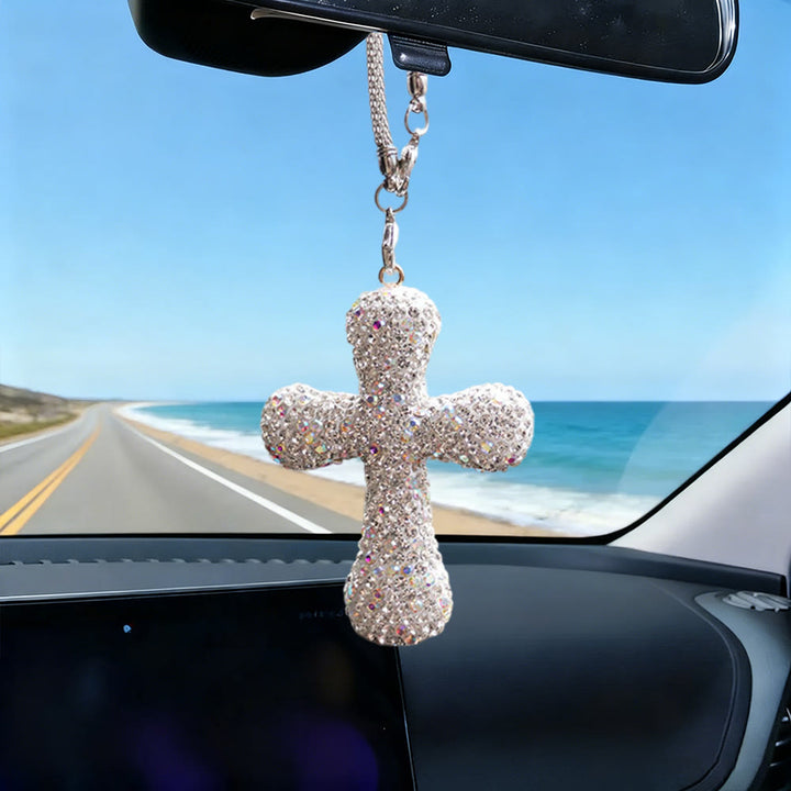 Christianartworkshop Crystal-Embellished Cross Car Pendant: Radiant Faith for Every Journey - White - image 2
