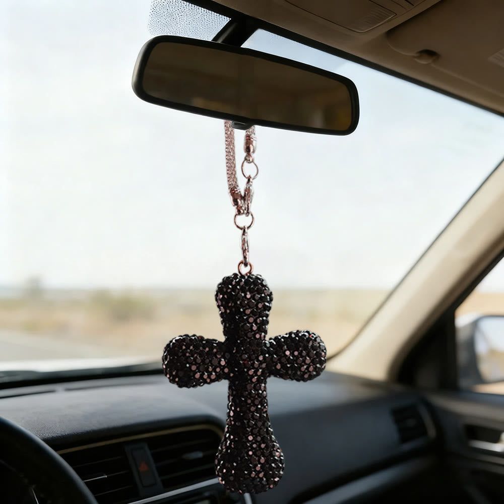 Christianartworkshop Crystal-Embellished Cross Car Pendant: Radiant Faith for Every Journey - Black - image 1