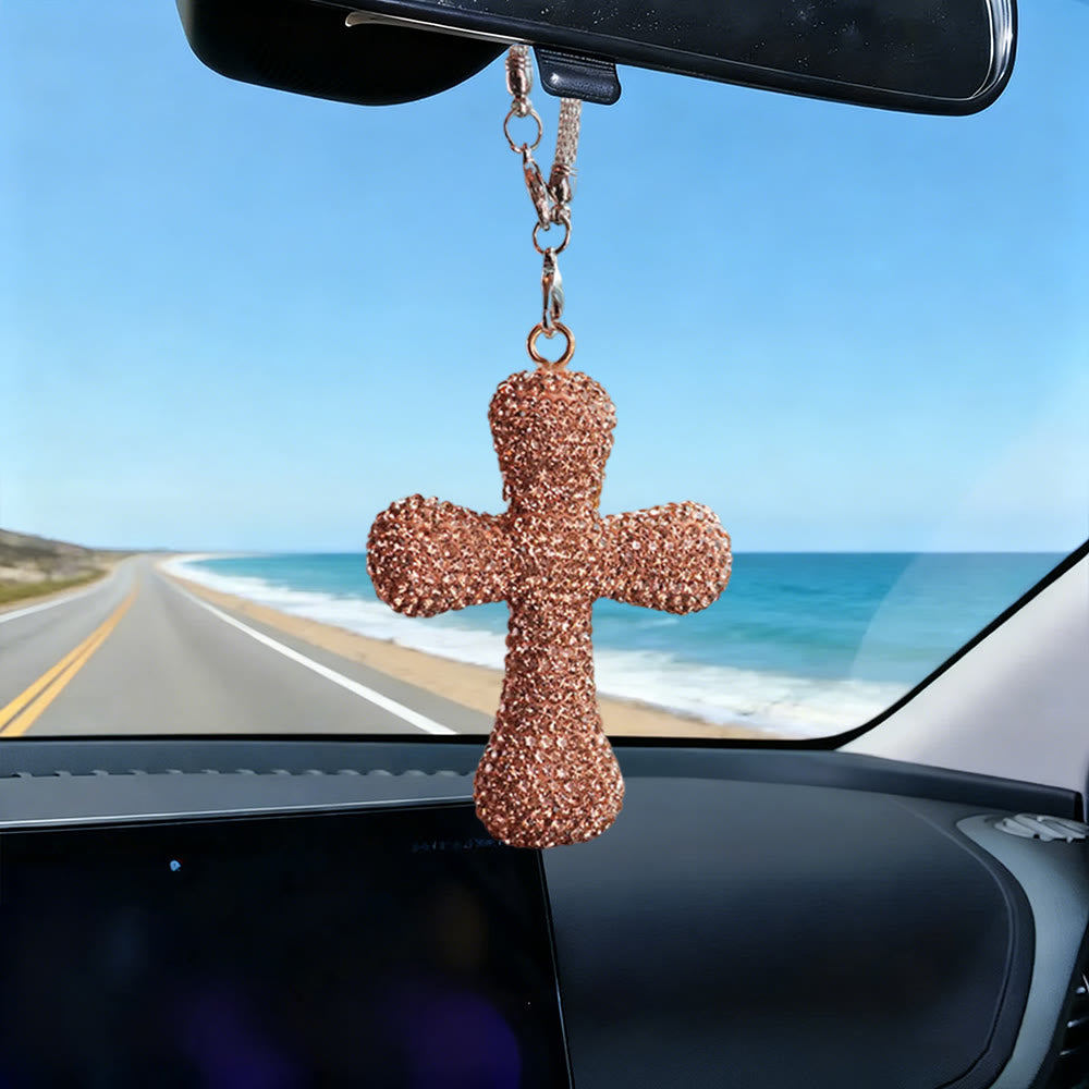 Christianartworkshop Crystal-Embellished Cross Car Pendant: Radiant Faith for Every Journey - Champagne - image 3