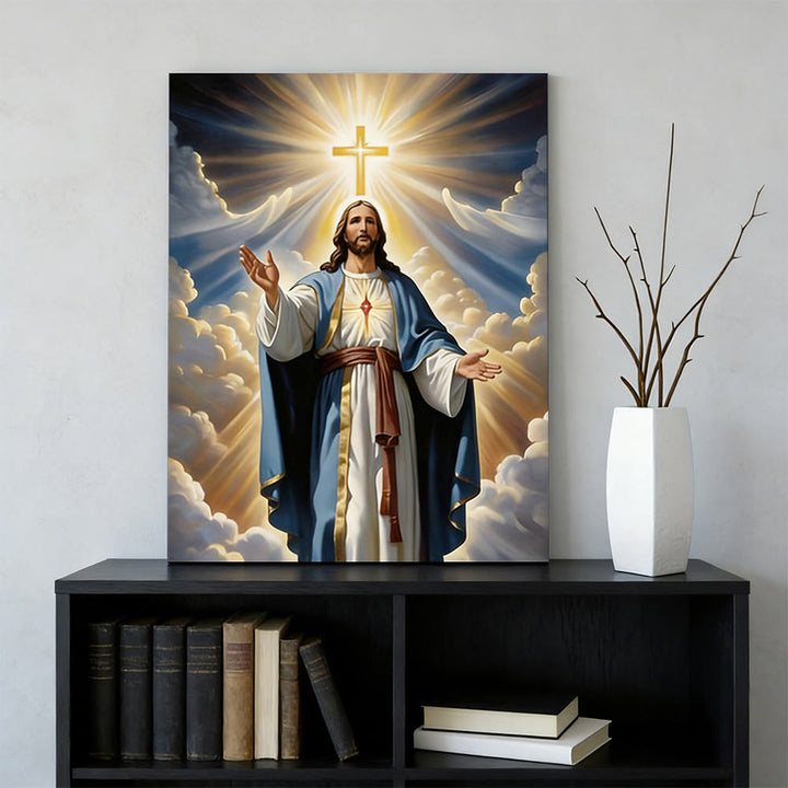 Christianartworkshop Radiant Cross & Jesus Wall Art Print: Luminous Grace for Home Spaces - Framed Canvas Painting - 11.81''*15.75''0.71"/30*40*1.8cm - image 0