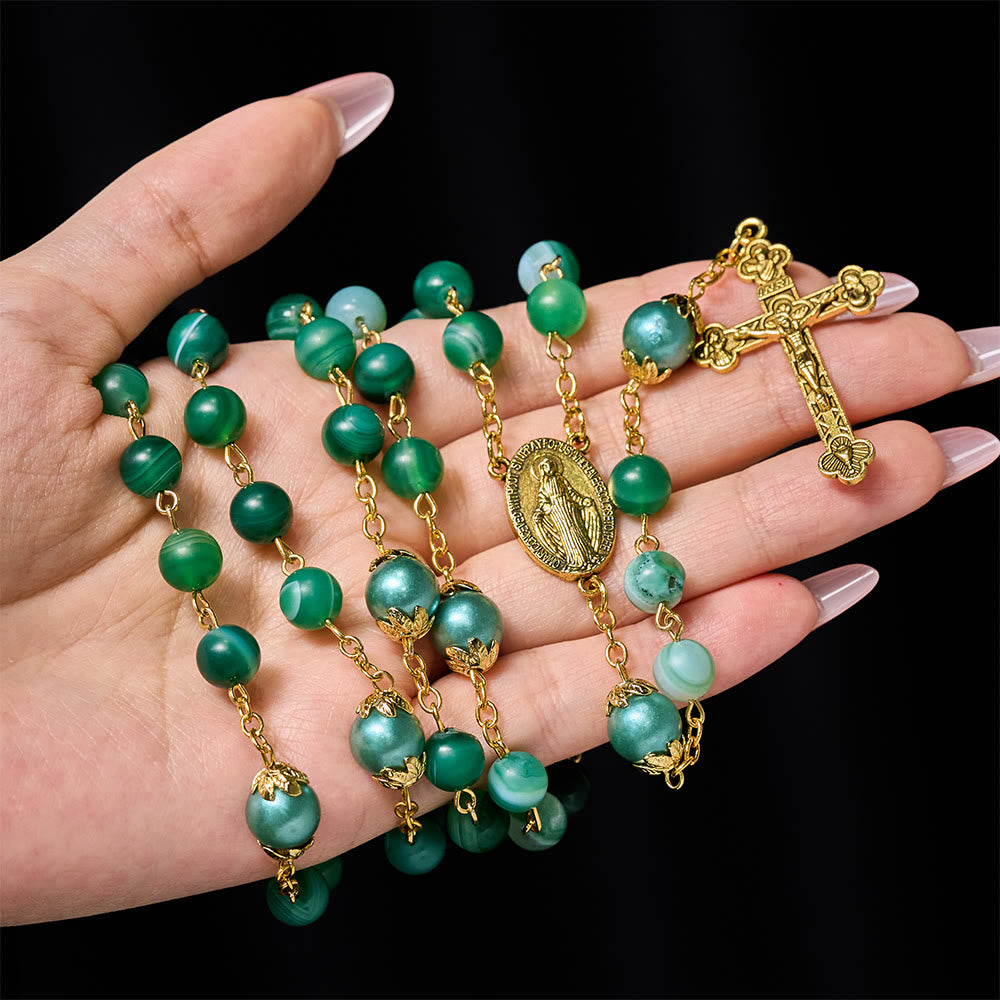 Christianartworkshop Miraculous Medal & Crucifix of 6 mm Round Green Crystal Alloy Chain Rosary - image 1