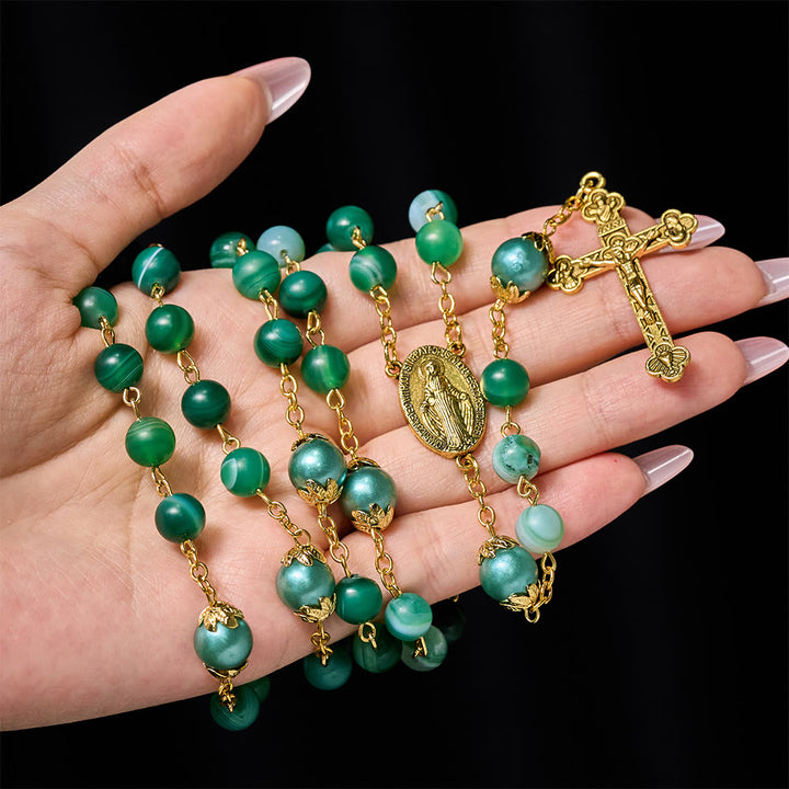 Christianartworkshop Miraculous Medal & Crucifix of 6 mm Round Green Crystal Alloy Chain Rosary - image 1