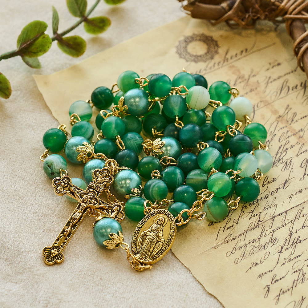 Christianartworkshop Miraculous Medal & Crucifix of 6 mm Round Green Crystal Alloy Chain Rosary - Green - image 0