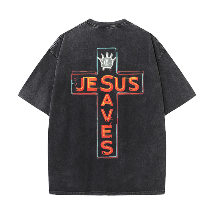 Christianartworkshop Jesus Saves Cross Graphic Unisex Washed T-Shirt - Black - 5XL - image 3
