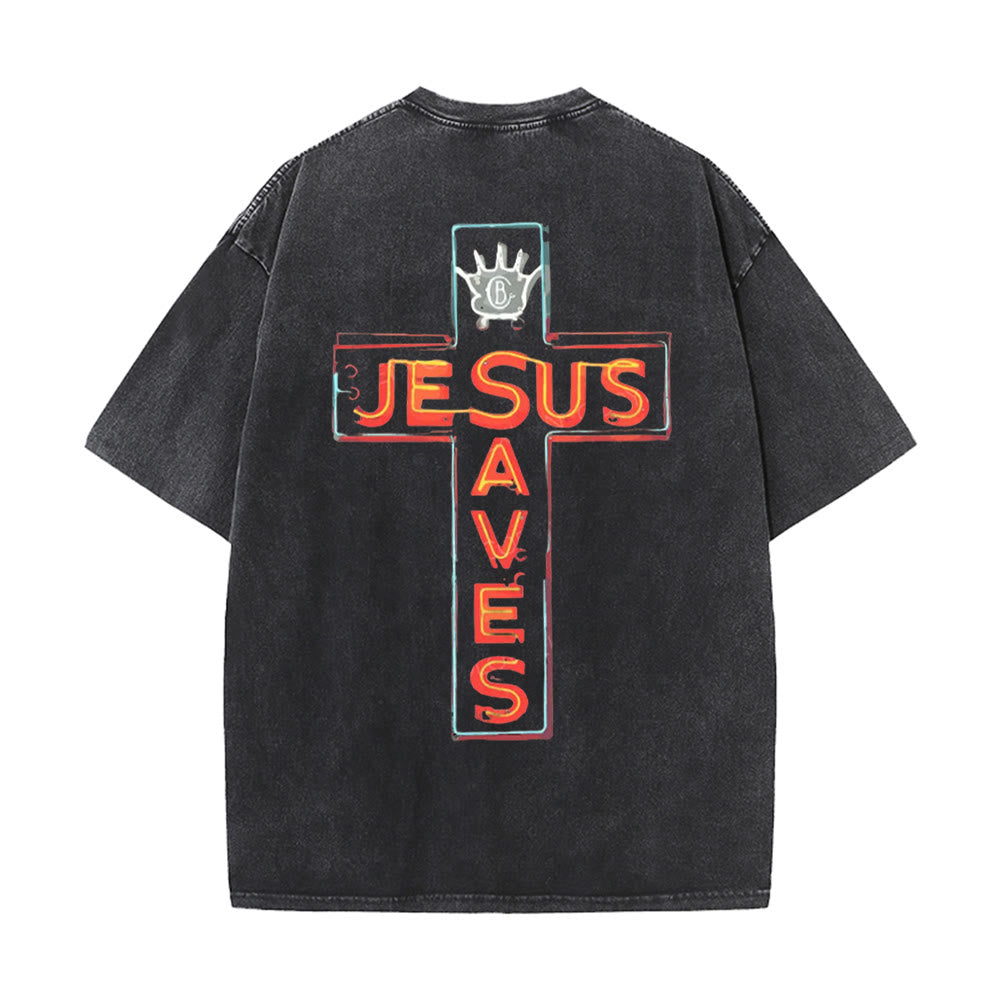 Christianartworkshop Jesus Saves Cross Graphic Unisex Washed T-Shirt - Black - 5XL - image 2