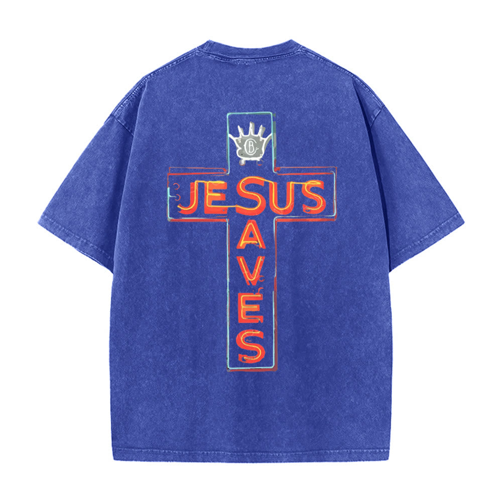 Christianartworkshop Jesus Saves Cross Graphic Unisex Washed T-Shirt - Blue - 5XL - image 0