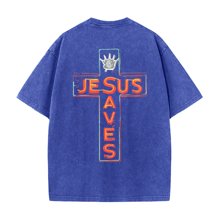 Christianartworkshop Jesus Saves Cross Graphic Unisex Washed T-Shirt - Blue - 5XL - image 0