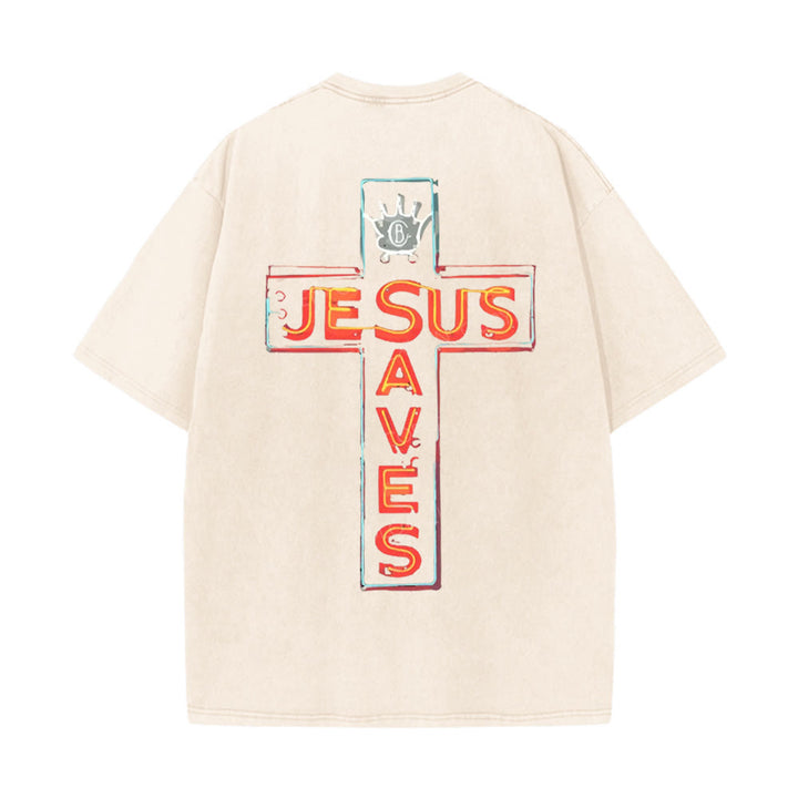 Christianartworkshop Jesus Saves Cross Graphic Unisex Washed T-Shirt - Beige - 5XL - image 4