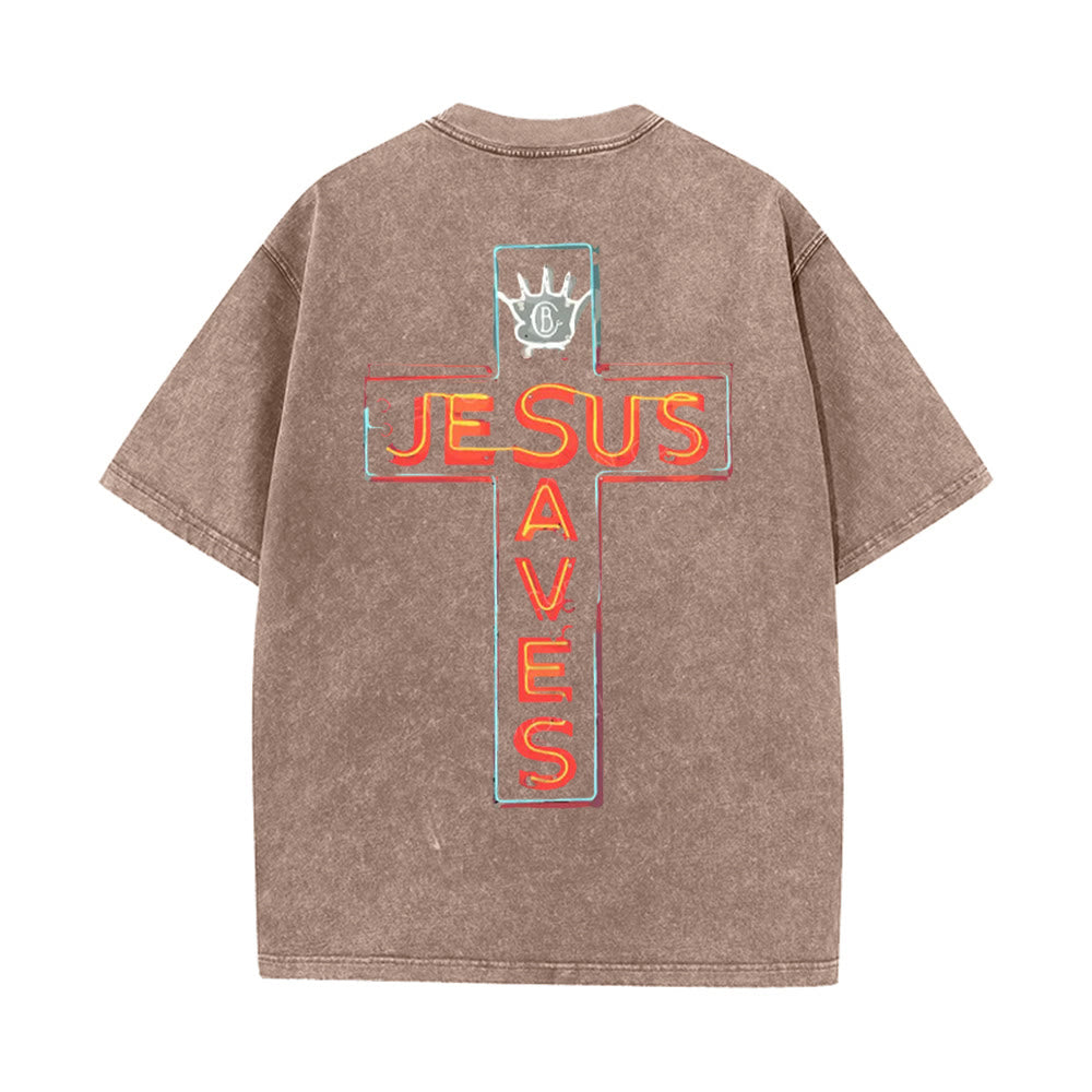 Christianartworkshop Jesus Saves Cross Graphic Unisex Washed T-Shirt - Brown - 5XL - image 8
