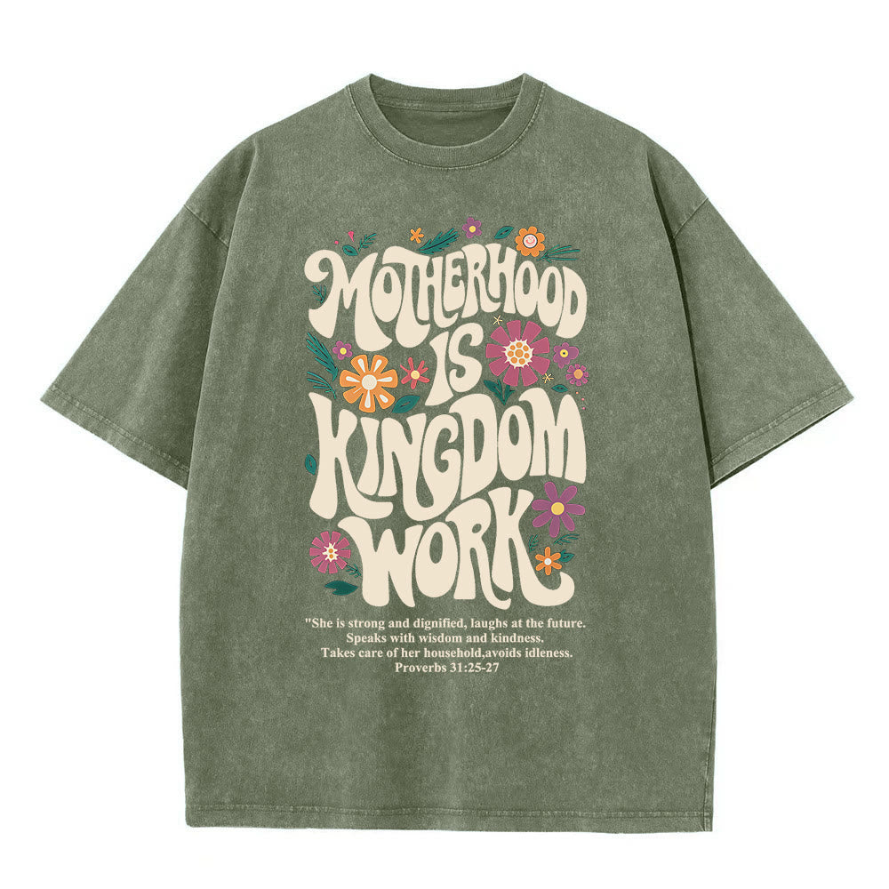 Christianartworkshop Motherhood is Kingdom Work with Flowers Unisex Washed T-Shirt - Army Green - 4XL - image 5