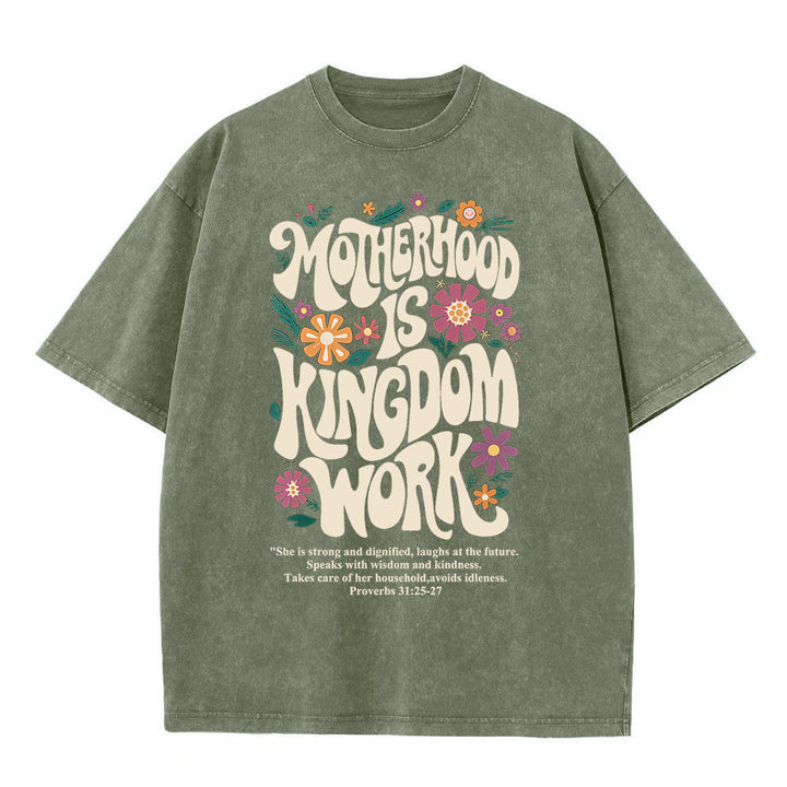 Christianartworkshop Motherhood is Kingdom Work with Flowers Unisex Washed T-Shirt - Army Green - 4XL - image 5