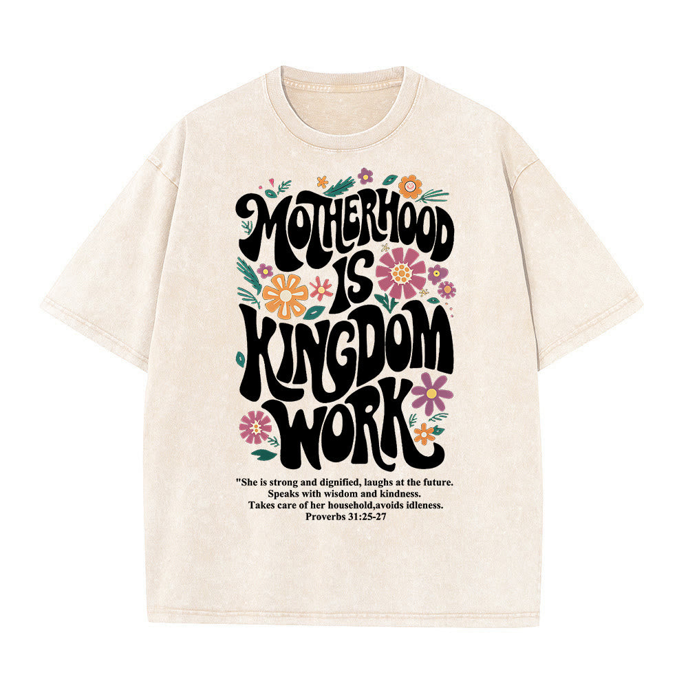 Christianartworkshop Motherhood is Kingdom Work with Flowers Unisex Washed T-Shirt - Beige - 4XL - image 2