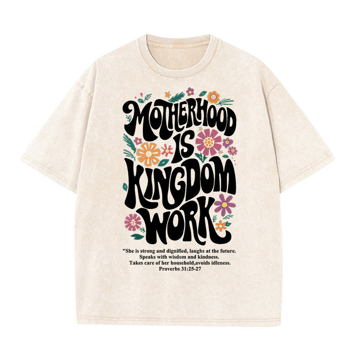 Christianartworkshop Motherhood is Kingdom Work with Flowers Unisex Washed T-Shirt - Beige - 4XL - image 2
