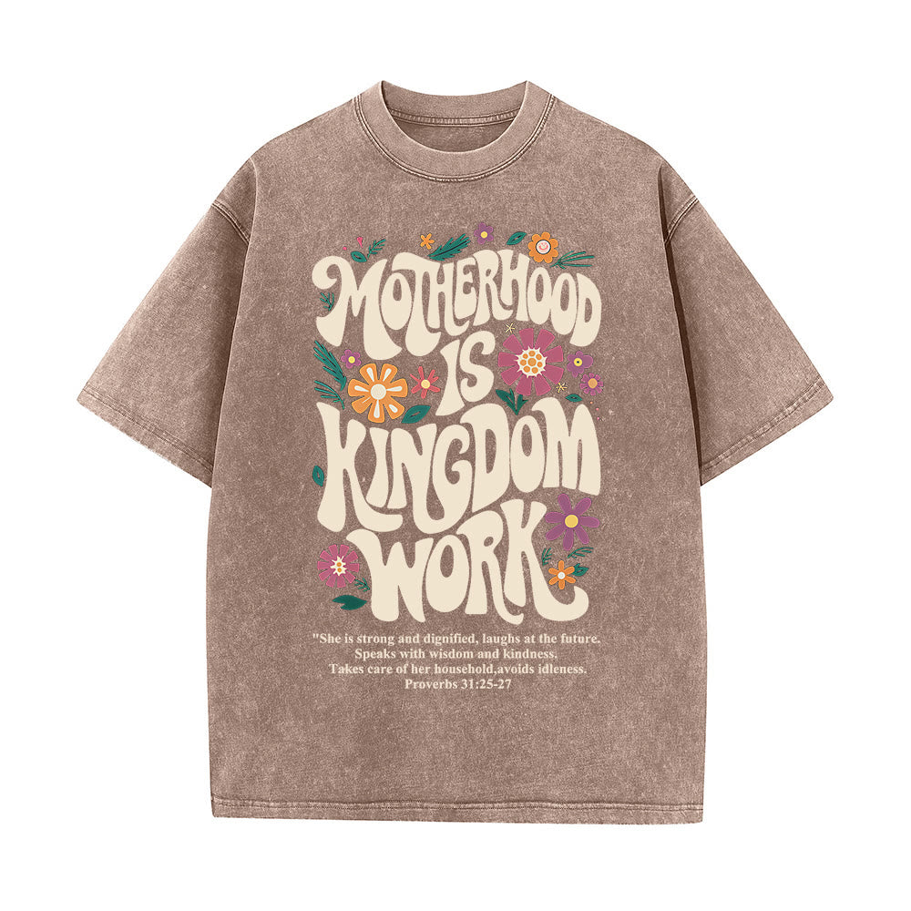 Christianartworkshop Motherhood is Kingdom Work with Flowers Unisex Washed T-Shirt - Brown - 4XL - image 3