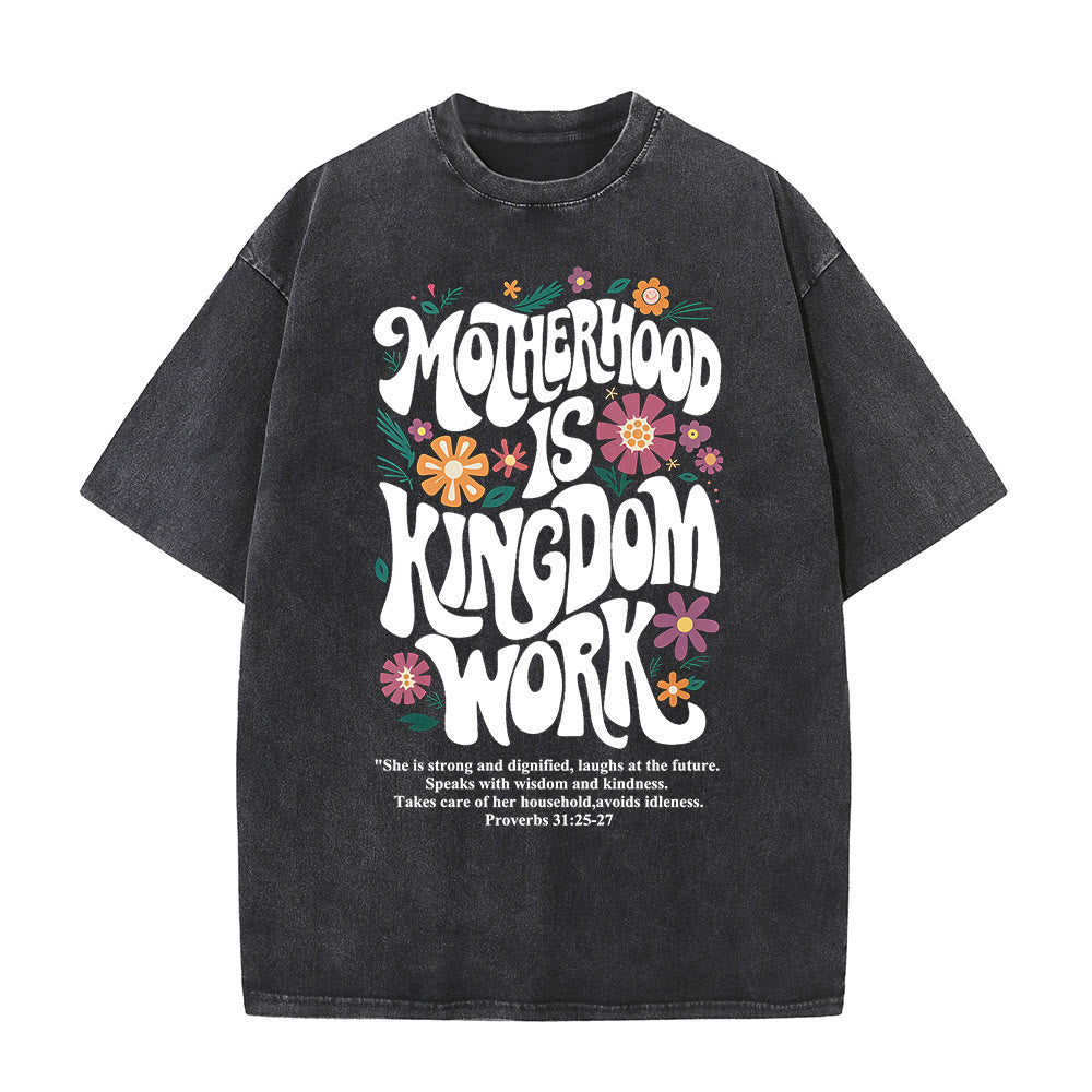 Christianartworkshop Motherhood is Kingdom Work with Flowers Unisex Washed T-Shirt - Black - 4XL - image 0