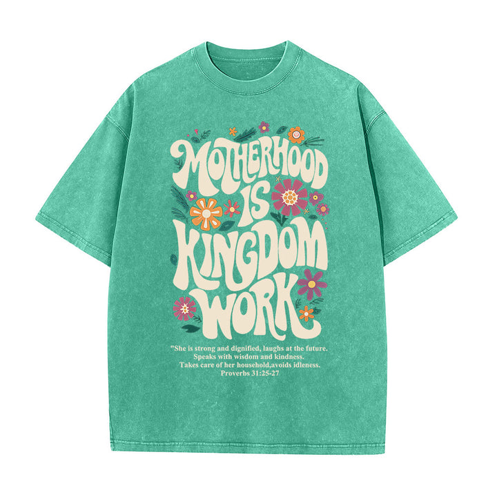 Christianartworkshop Motherhood is Kingdom Work with Flowers Unisex Washed T-Shirt - Green - 4XL - image 4